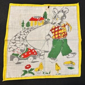Vintage Child's Cartoon Mouse & Wagon Hankie‎ Handkerchief